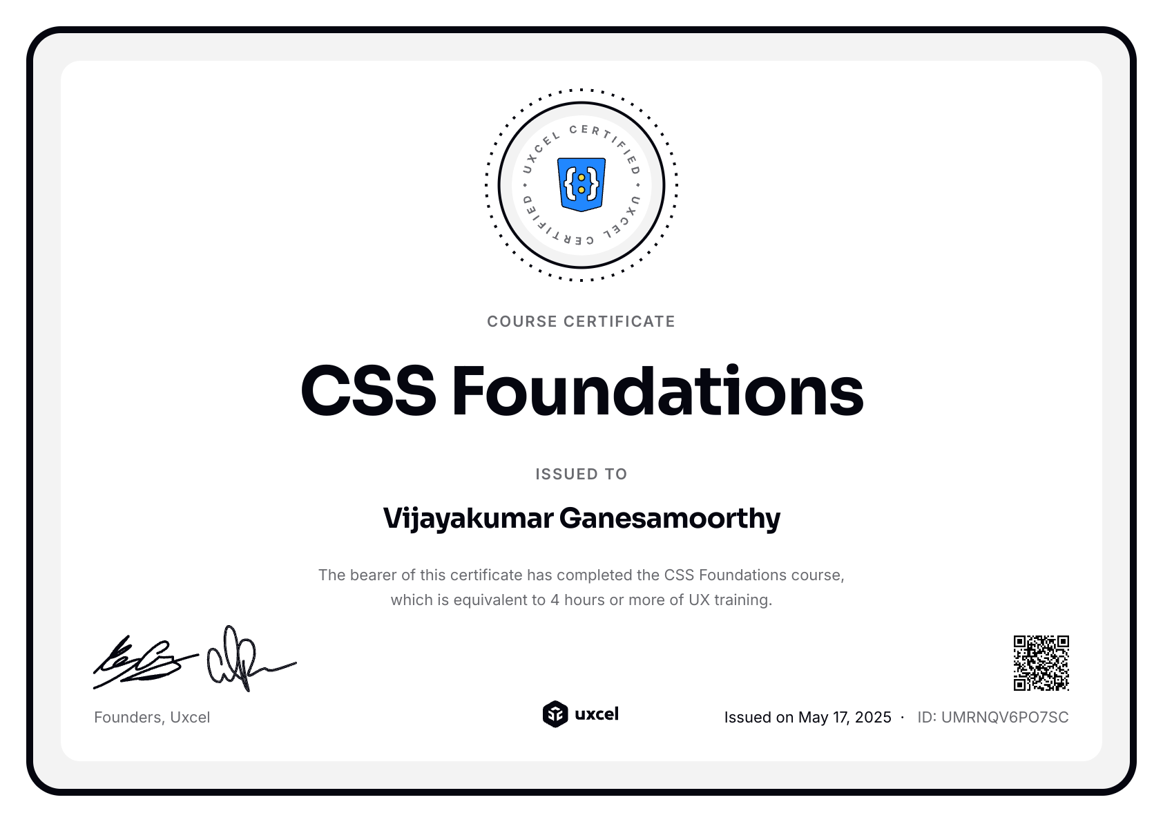 Vijayakumar Ganesamoorthy's certificate